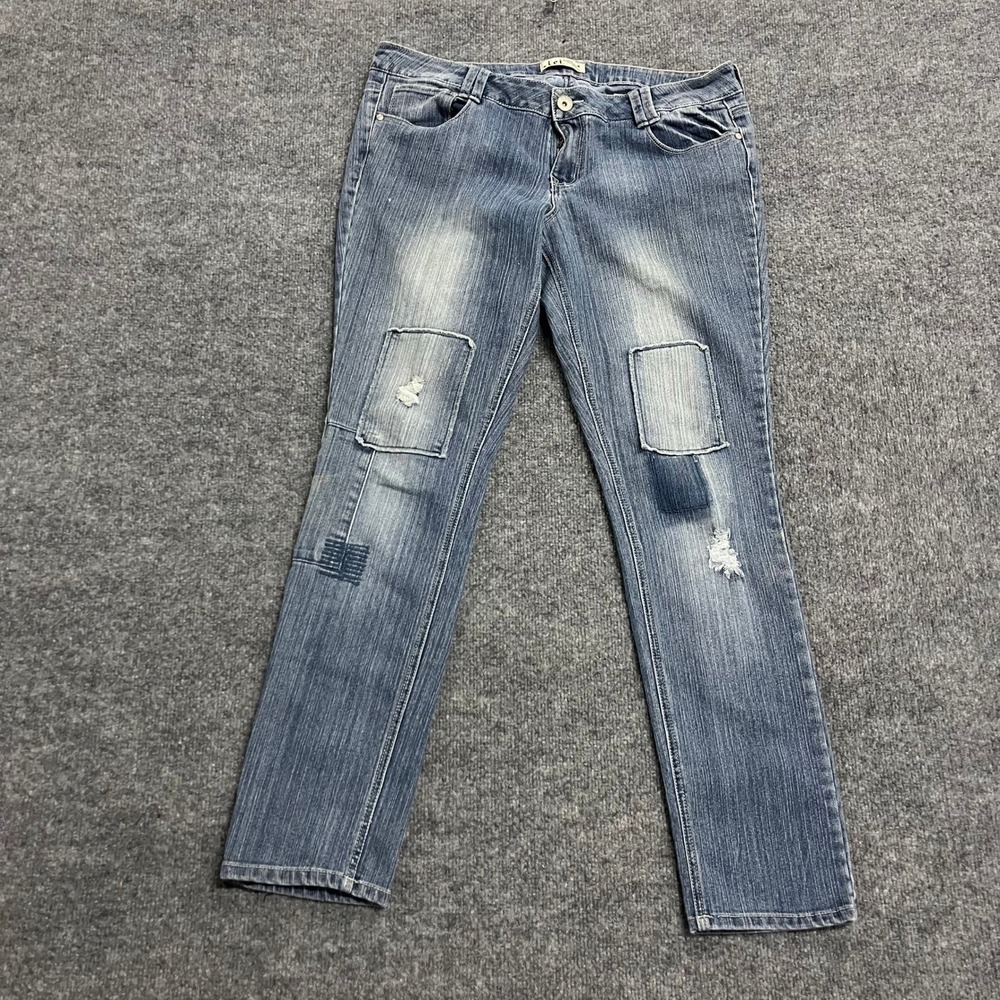 L.E.I Jeans Womens Size 13 Blue Ashley Lowrise Skinny Distressed Patchwork Denim